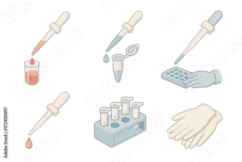 Medical Pipetting Icons. Isometric vector illustration set Medical and clinical pipetting: blood sample pipetting icon, PCR tube