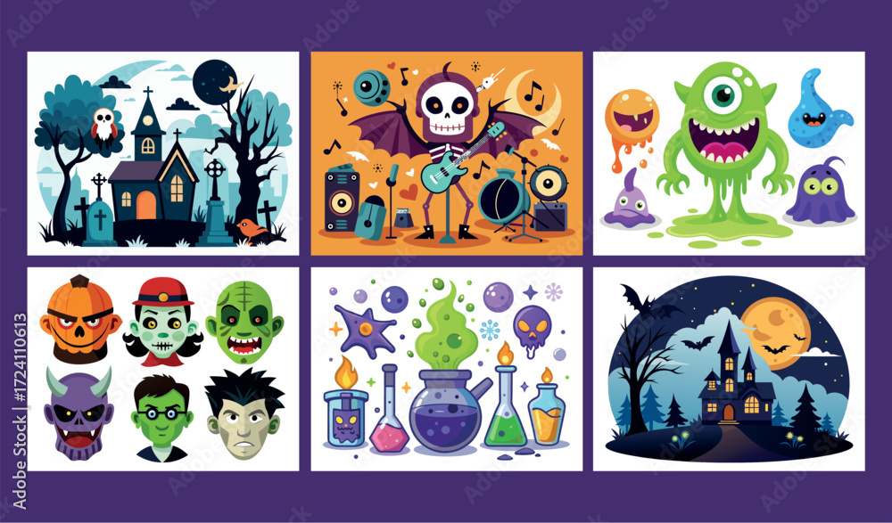 Fototapeta premium Spooky halloween characters and objects collage festive scary holiday theme elements collection