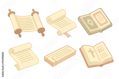 Sacred Texts Icons. Isometric vector illustration set Sacred religious texts: Torah scroll icon, Buddhist scripture roll,