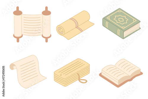 Sacred Texts Icons. Isometric vector illustration set Sacred religious texts: Torah scroll icon, Buddhist scripture roll,