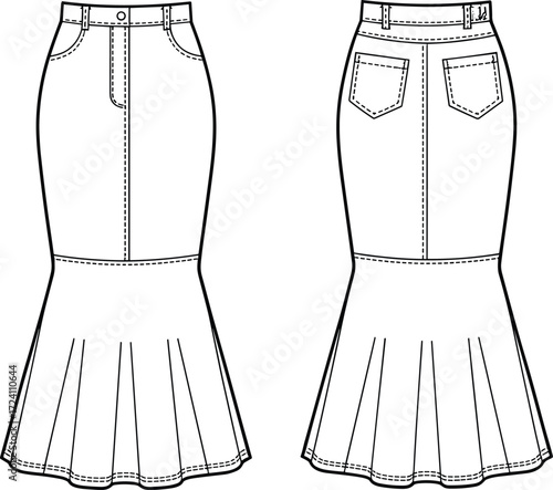 Mermaid skirt fashion sketch, technical drawing, high-waisted design, belt loops, patch pockets, flared hem, garment construction, apparel template, sewing pattern