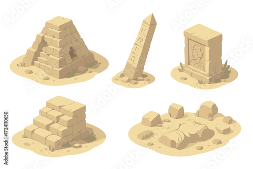 Ancient Temple Icons. Isometric vector illustration set Ancient temple ruins: half-collapsed pyramid, leaning stone obelisk,