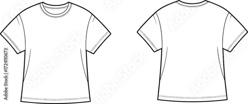 Plain white short sleeve t-shirt front and back view, crew neck, apparel template, fashion mockup, garment design illustration