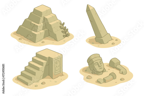 Ancient Temple Icons. Isometric vector illustration set Ancient temple ruins: half-collapsed pyramid, leaning stone obelisk,