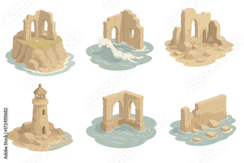 Eroded Coastal Ruins. Isometric vector illustration set Coastal ruins erosion: seaside cliff ruins, wave-damaged walls,