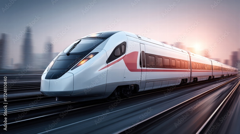 Fototapeta premium High-speed train speeding along tracks with a blurred background of a city.