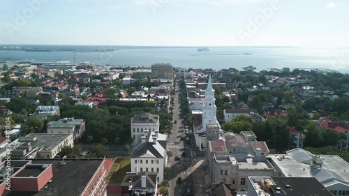 Charleston South Carolina city drone shot during the day flying down broad street panning down on four corners