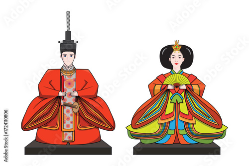 Illustration vector of Hinamatsuri Japanese dolls festival or child day or girl day with Smart and Cute doll standing and dress as Japan emperor and empress drawing cartoon vector