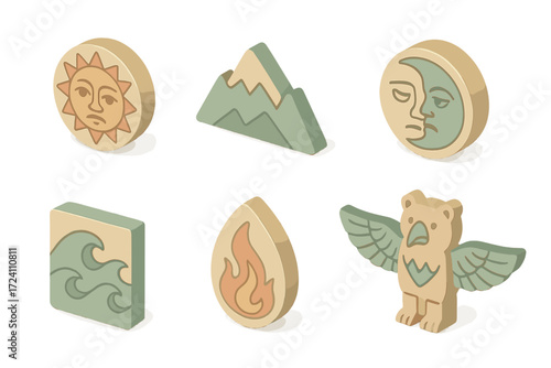 Symbolic Totem Elements. Isometric vector illustration set Totem pole symbolic elements: sun and moon carvings, mountain spirit