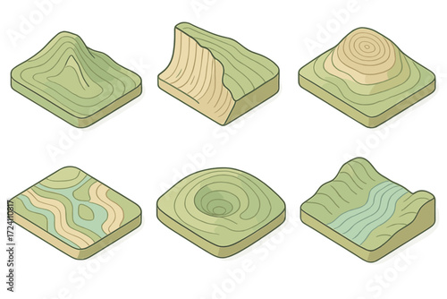 Topographic Map Elements. Isometric vector illustration set topographic map contour elevation: mountain pass contour lines,