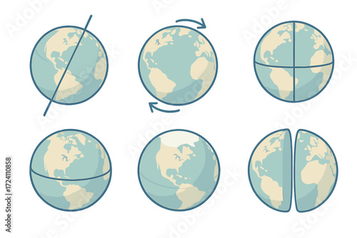 Earth Rotation Diagram. Isometric vector illustration set globe spin axis geography: axial tilt diagram earth, rotational globe