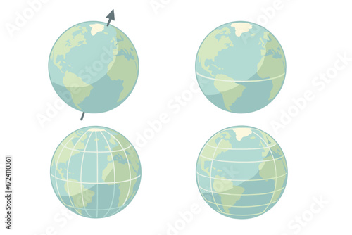 Isometric Earth Illustration. Isometric vector illustration set globe spin axis geography: tilted earth axis rotation, equator