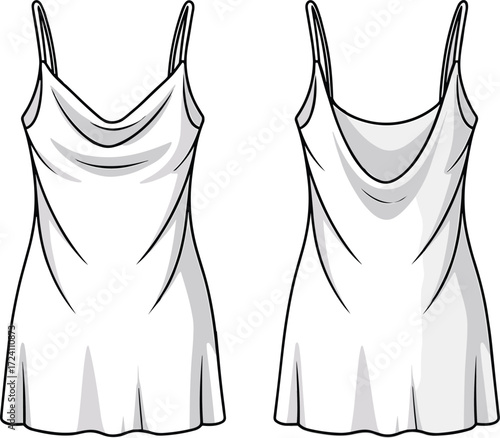 Women’s cowl neck slip dress CAD flat sketch, fashion technical drawing, spaghetti strap dress vector template, apparel design illustration, clothing cad outline, sewing fashion flat
