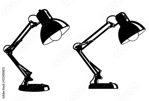 Vector art of two black desk lamps are shown, providing light for studying or working