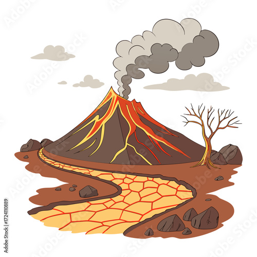 Volcano eruption lava flowing down the side smoke rising into the sky, a path leading to the volcano