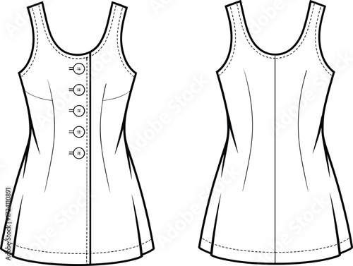 Sleeveless women's top, fashion flat sketch, scoop neckline, princess seams, button placket, tunic design, apparel template, garment construction, technical drawing