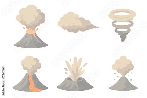Volcanic Eruption Icons. Isometric vector illustration set volcanic ash eruption plume: volcanic peak in eruption, plume of ash
