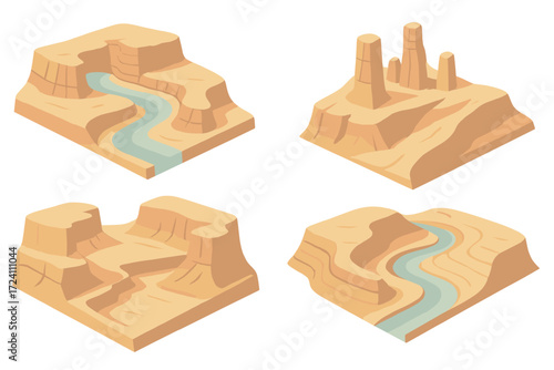 Canyon Erosion Vector Scene. Isometric vector illustration set canyon erosion river deep: canyon meander river, tall cliff