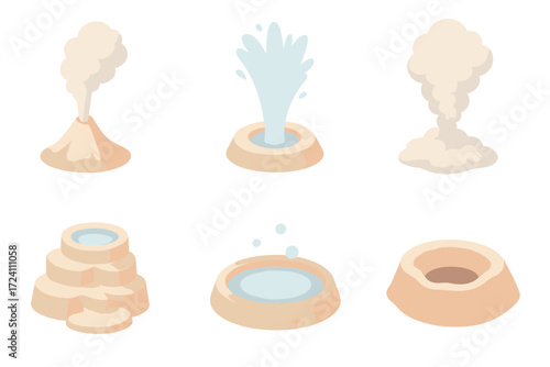 Geyser Eruption Icons. Isometric vector illustration set geyser hot water erupt: geothermal geyser vent, water eruption jet, steam