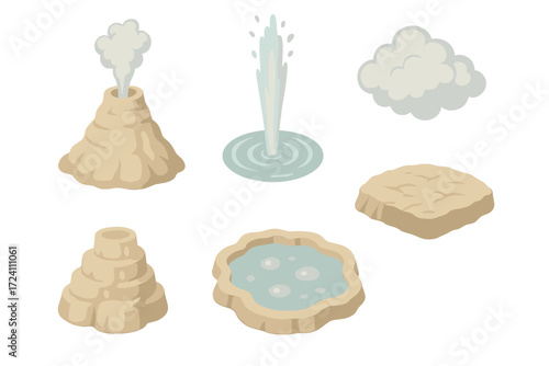 Isometric Geyser Eruption. Isometric vector illustration set geyser hot water erupt: geyser cone vent erupting, hot water shooting