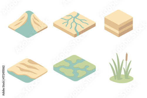 Delta Sediment Isometric Design. Isometric vector illustration set delta sediment deposit fan: alluvial fan at river mouth,