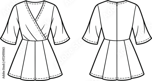 Technical fashion sketch, dress front and back view, wrap bodice, flared skirt, V-neckline, garment construction, sewing illustration, apparel design