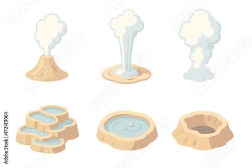 Geyser Eruption Icons. Isometric vector illustration set geyser hot water erupt: geothermal geyser vent, water eruption jet, steam