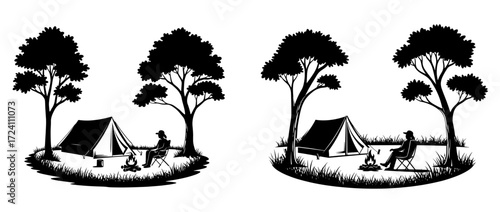 Vector art of campers enjoying the outdoors with tents and campfires in silhouette style