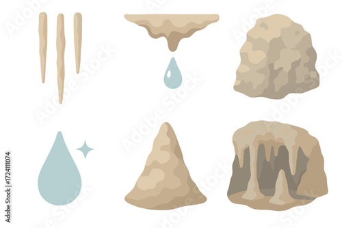 Pastel Cave Formations. Isometric vector illustration set stalactite cave mineral drip: long thin stalactite shapes, ceiling drip