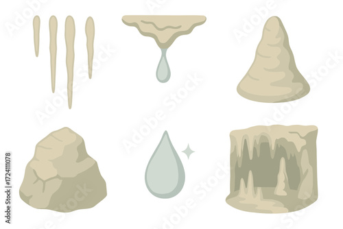 Pastel Cave Formations. Isometric vector illustration set stalactite cave mineral drip: long thin stalactite shapes, ceiling drip