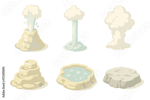 Isometric Geyser Eruption. Isometric vector illustration set geyser hot water erupt: geyser cone vent erupting, hot water shooting