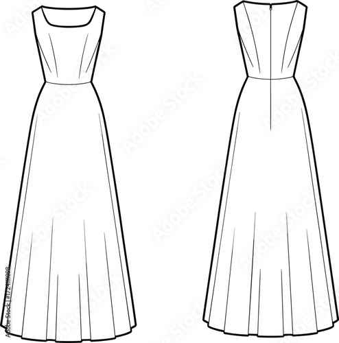Technical fashion illustration, sleeveless dress sketch, front and back view, flared skirt, scoop neckline, zipper back, garment construction drawing