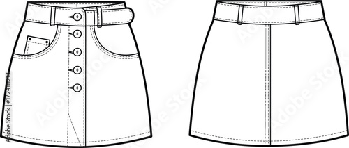 Women's skirt technical sketch, front and back view, button closure, belt loops, pocket detail, fashion illustration, garment construction, sewing pattern