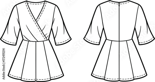 Women's dress technical sketch, front and back view, wrap bodice, V-neckline, flared skirt, fashion illustration, garment construction, template