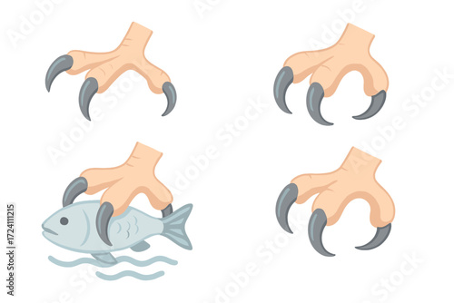 Raptor Grips Prey. Isometric vector illustration set talons grip prey capture: raptor talons extended, fish lifted from water,
