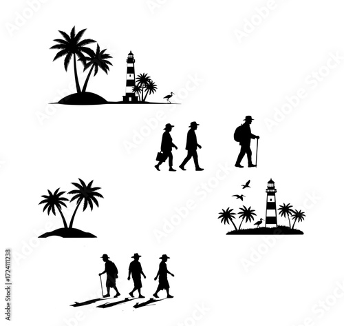 Vector art of silhouetted figures enjoying a coastal vacation with palm trees and a lighthouse