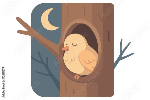 Peaceful Night Roost. Isometric vector illustration set roost nighttime sleep shelter: bird perched in tree hollow, moon crescent
