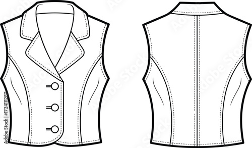 Women's sleeveless vest, technical fashion sketch, front and back view, notched lapel, princess seams, garment construction, sewing, apparel design