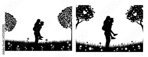 Vector art of silhouette of a couple having fun in a field with trees