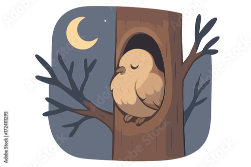 Peaceful Night Roost. Isometric vector illustration set roost nighttime sleep shelter: bird perched in tree hollow, moon crescent