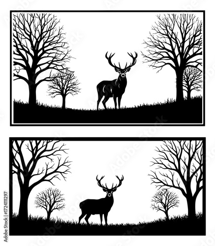 Vector art of silhouetted deer in a forest landscape during autumn, , nature and wildlife