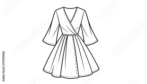 Wrap dress fashion sketch, V-neckline, wide sleeves, cinched waist, flared skirt, sewing pattern, garment construction, apparel template, technical drawing