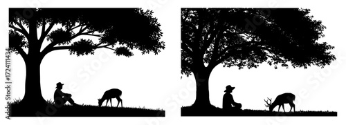 Vector art of silhouette of a man sitting under a tree with a deer grazing
