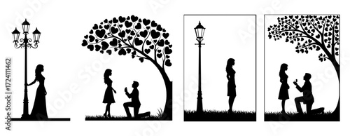 Vector art of silhouette of romantic proposal scenes with a couple under a tree