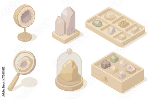 Rock Collecting Display. Isometric vector illustration set Rock collecting display: geode on metal stand, polished crystal bookend