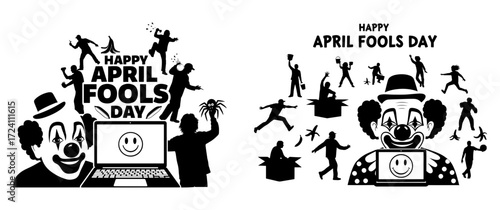 Vector art of happy april fools day silhouette vector illustration clown and prankster figures