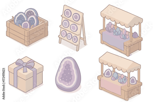 Geode Market Illustration. Isometric vector illustration set Geode shop & market: open mineral crate with geodes, geode slice