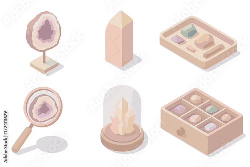 Rock Collecting Display. Isometric vector illustration set Rock collecting display: geode on metal stand, polished crystal bookend