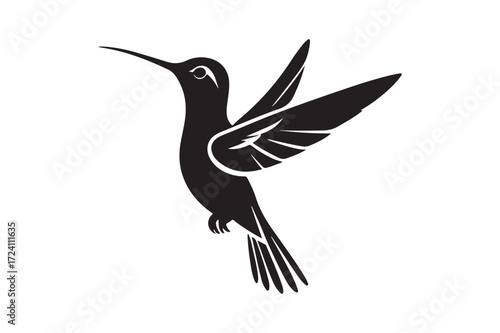 Silhouette of a hummingbird in flight with wings extended