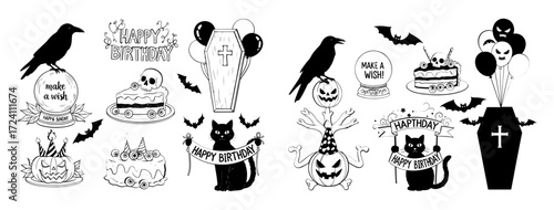 Vector art of collection of spooky birthday themed illustrations, featuring cats, crows, and pumpkins